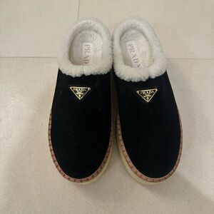 Prada Black and Cream Shearling Mules
